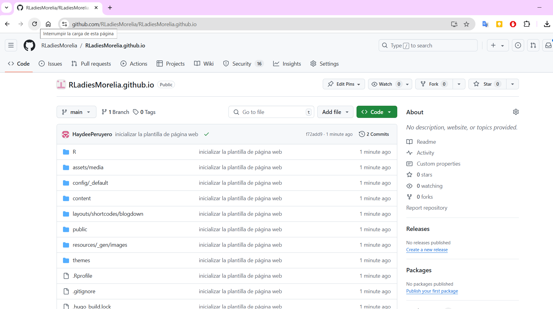 Screenshot: primer commit en GitHub